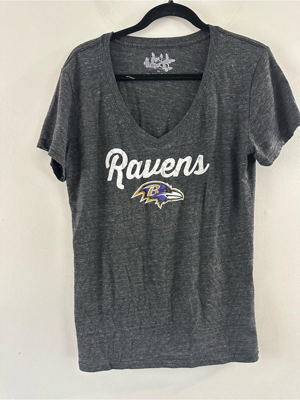 Touch by Alyssa Milano Gray Ravens V-Neck Tee with Purple & Gold Logo